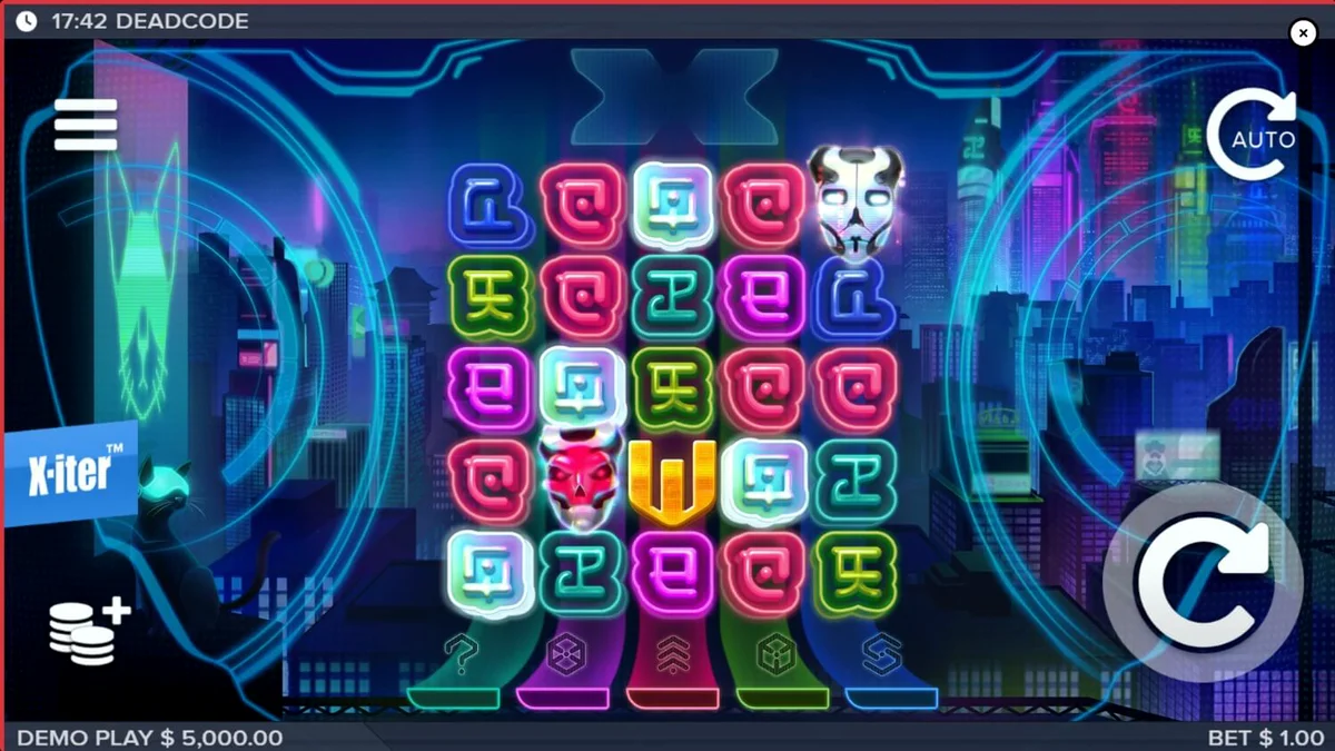 Deadcode slot game interface na may cyberpunk at hacker theme