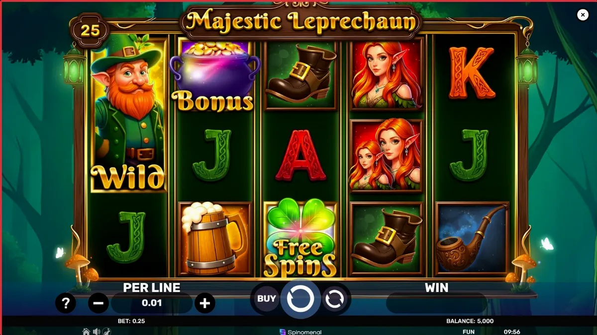 Majestic Leprechaun slot game interface na may mga Irish symbols